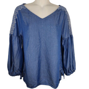 Massimo Dutti Womens Top Size 4 Embroidered Blue Chambray Peasant Balloon Sleeve